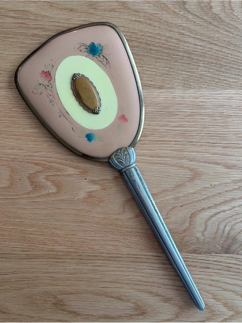 Vintage 1950s 60s Pink Floral Hand Mirror Vanity Silver Tone Metal MCM 13”